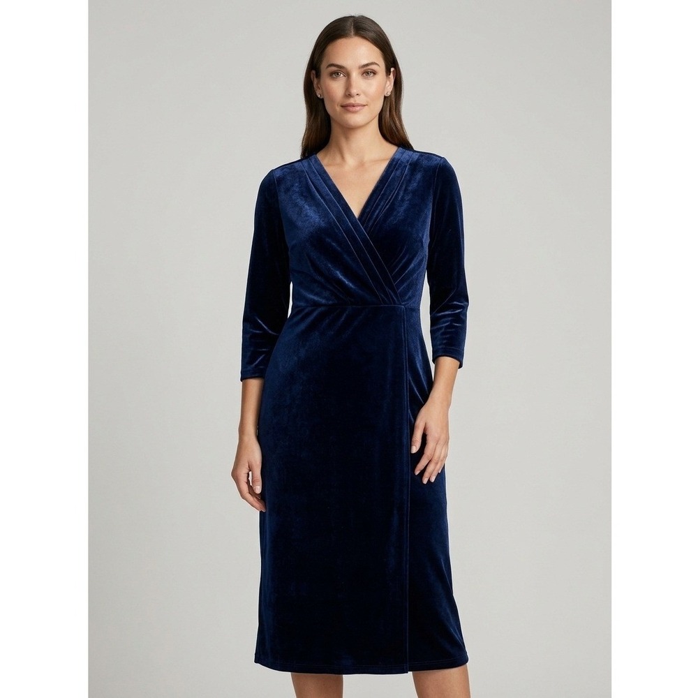 Badgley Mischka Navy Blue Velvet Faux Wrap V-Neck Midi Sheath Dress Size 8